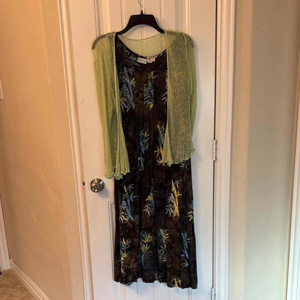 Tropical Earth Tones Floral Black and Green Dress with Sheer Cardigan